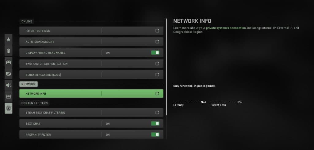 Call of Duty Network Info screen showing geographic region