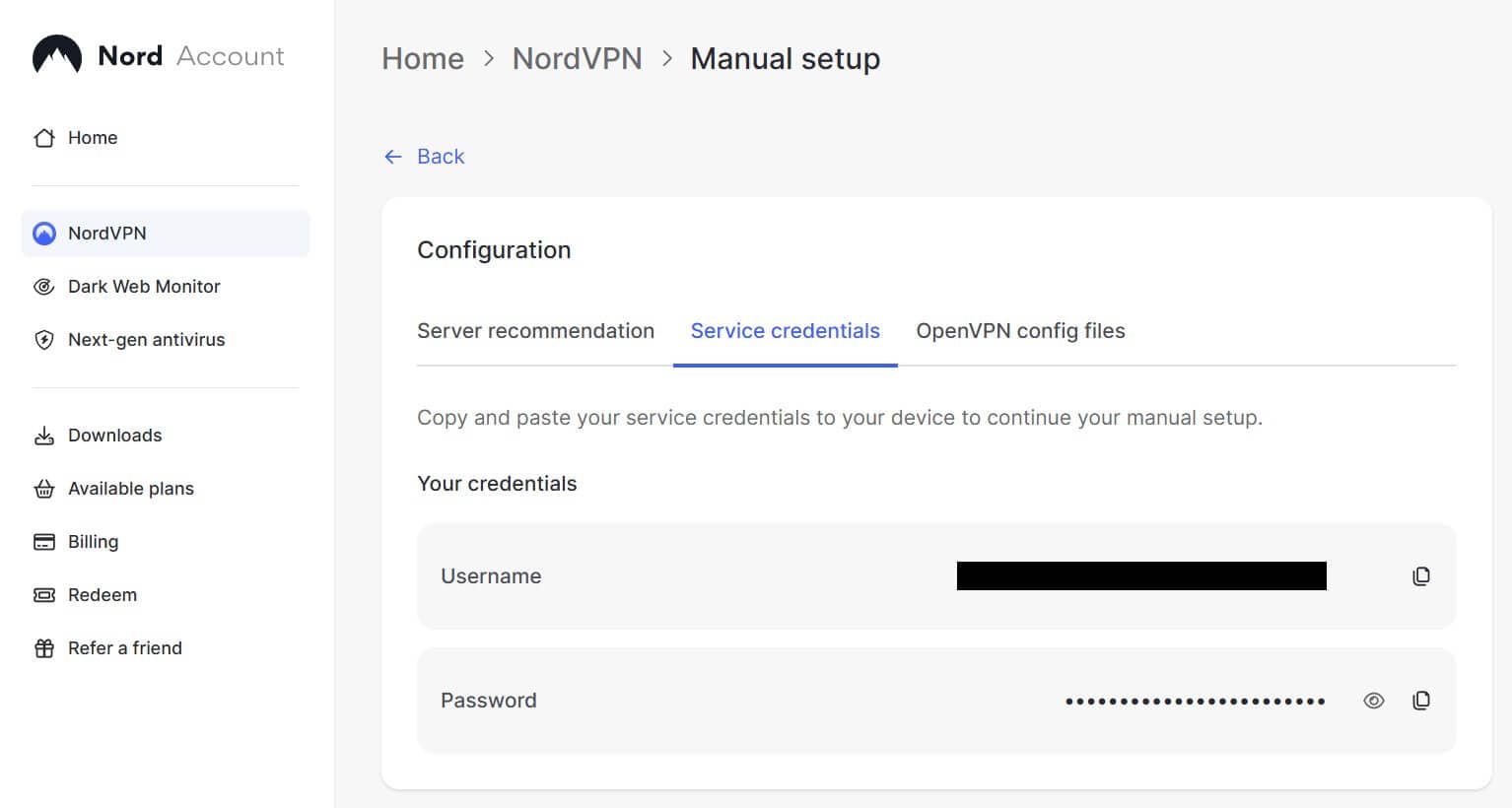 Nord Account manual setup page with the Service credentials tab selected